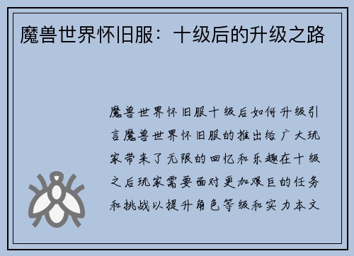 魔兽世界怀旧服：十级后的升级之路